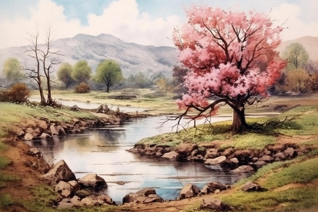 Een schilderij van een rivier met een boom met roze bloemen erop