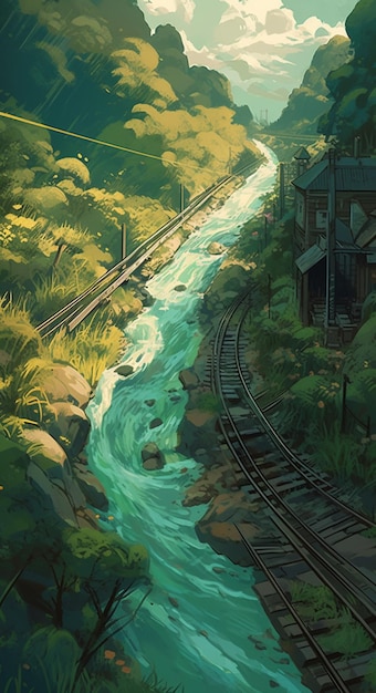 Een schilderij van een rivier met een brug op de achtergrond.