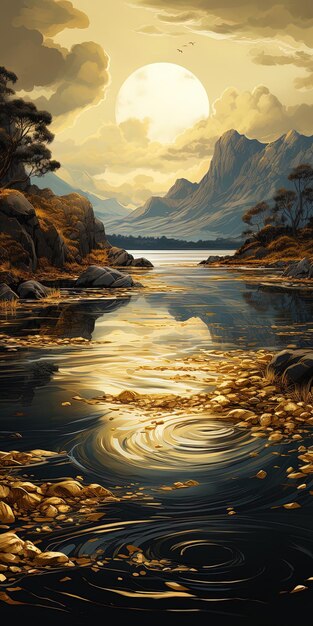 een schilderij van een rivier met een gouden zonsondergang