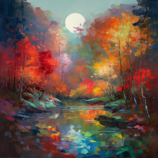 Een schilderij van een rivier met een maan aan de hemel