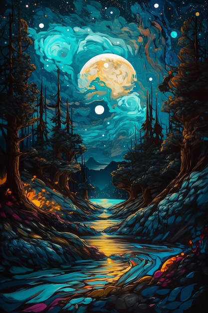 Een schilderij van een rivier met een maan op de achtergrond.