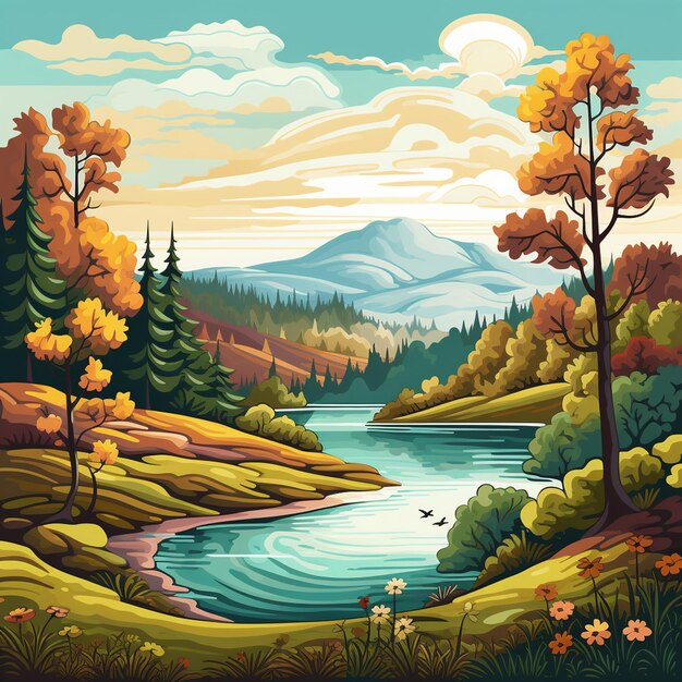 Foto een schilderij van een rivier met een rivier en bergen op de achtergrond