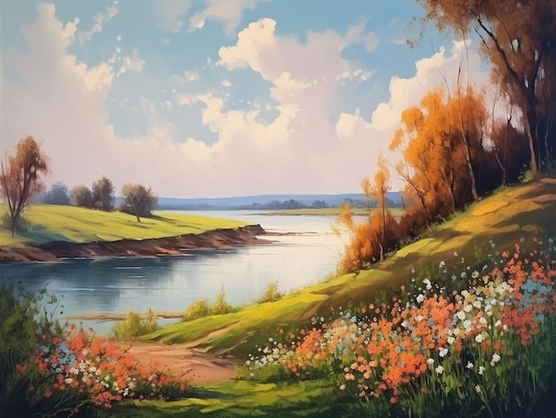 Een schilderij van een rivier met een rivier en een groene heuvel met bloemen.