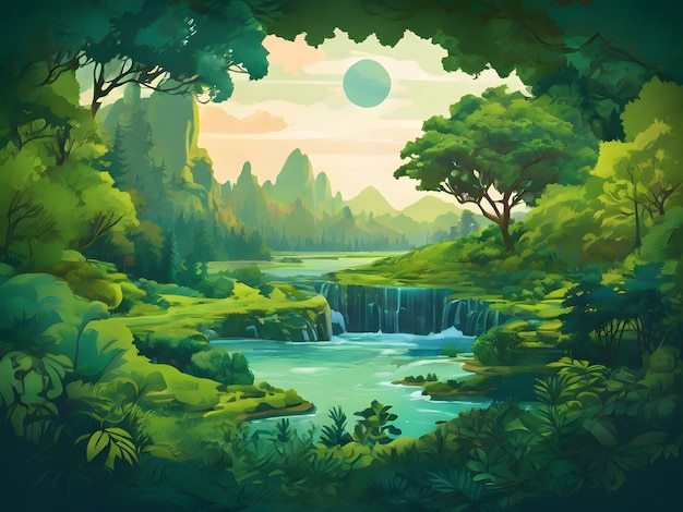 een schilderij van een rivier met een waterval en bomen op de achtergrond