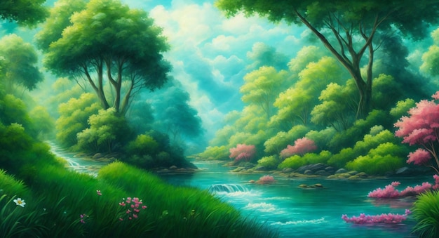 Een schilderij van een rivier met een waterval en een groen bos