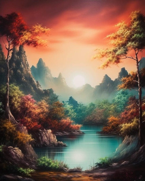 Een schilderij van een rivier met een zonsondergang op de achtergrond.