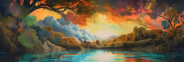 Een schilderij van een rivier met een zonsondergang op de achtergrond.