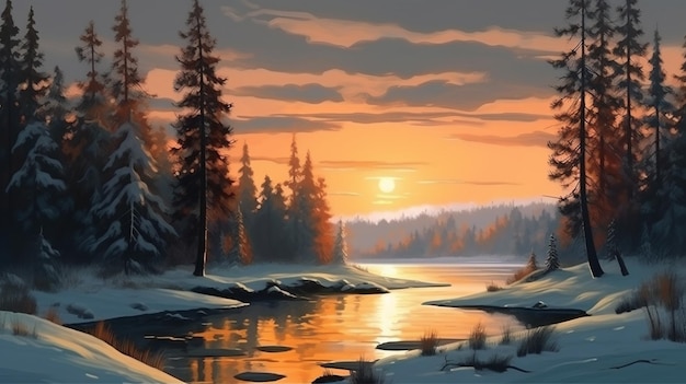 Een schilderij van een rivier met op de achtergrond een zonsondergang generatieve ai