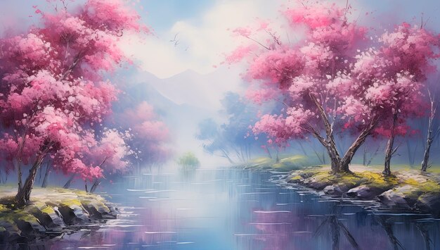 een schilderij van een rivier met roze en paarse bomen op de achtergrond