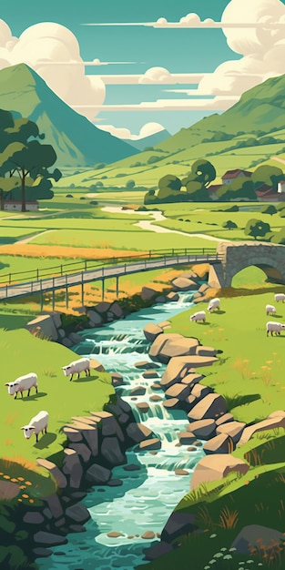 Een schilderij van een rivier met schapen op de voorgrond.