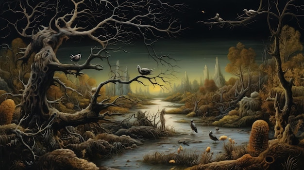 Een schilderij van een rivier met vogels erop