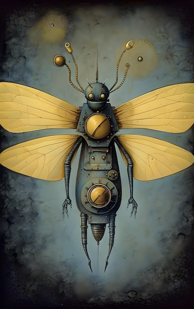 Een schilderij van een robot met een insect erop