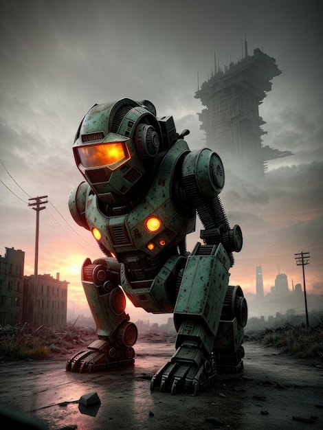 Een schilderij van een robot met het woord fallout erop