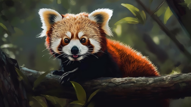 Een schilderij van een rode panda op een boomtak.
