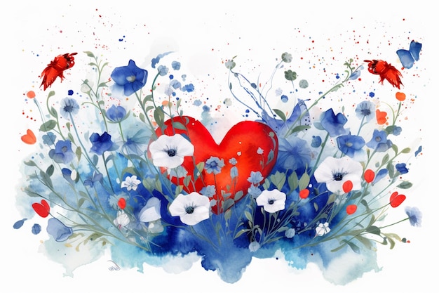 Een schilderij van een rood hart met bloemen en vlinders.