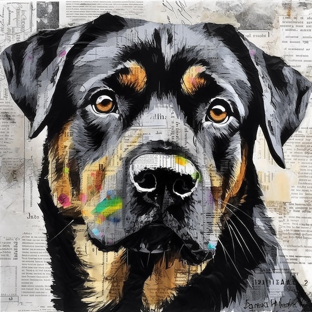 Een schilderij van een rottweiler met een zwart gezicht