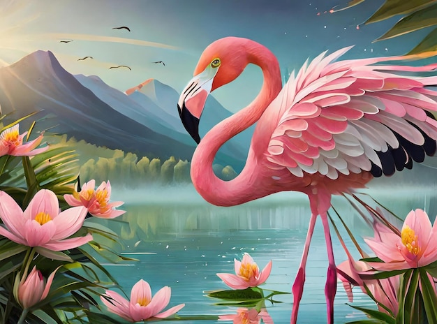 Een schilderij van een roze flamingo en roze bloemen met een berg achtergrond