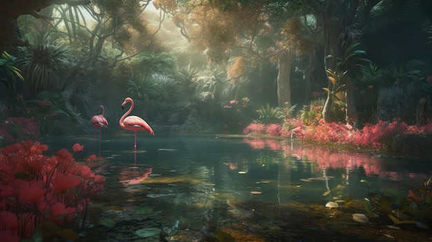 Een schilderij van een roze flamingo in een bos met een bos op de achtergrond.