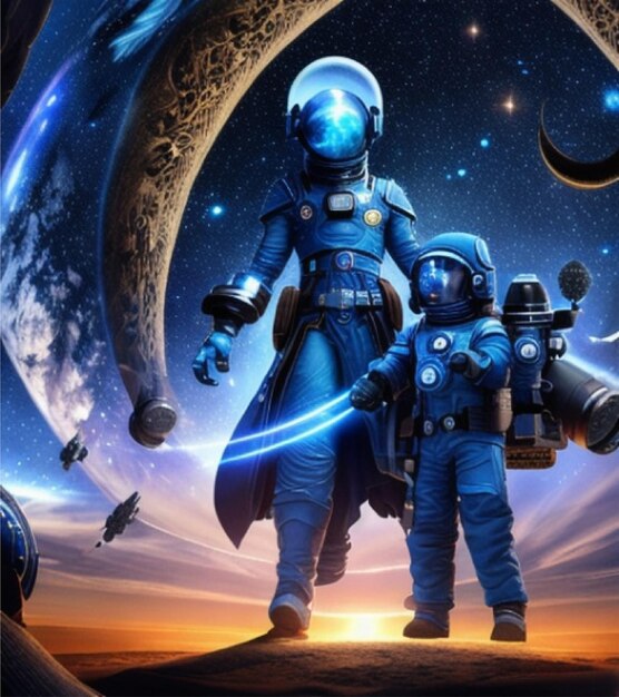 Foto een schilderij van een ruimtepak met een blauwe astronaut en een vrouw met een pistool.