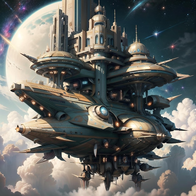 Een schilderij van een ruimteschip met een groot gebouw erop.