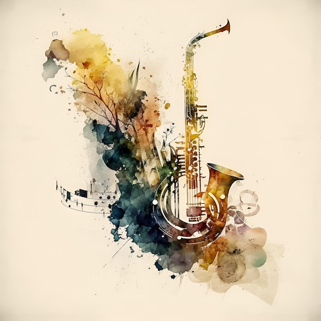 Een schilderij van een saxofoon met muzieknoten erop.