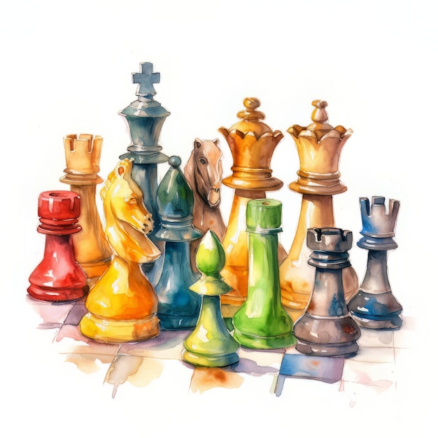 Een schilderij van een schaakspel met een paard erop.