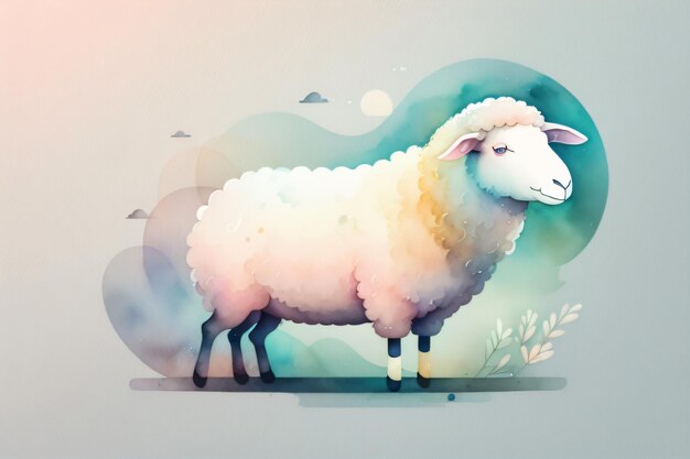 Een schilderij van een schaap met een groene achtergrond met bloemen en een afbeelding van een schap.