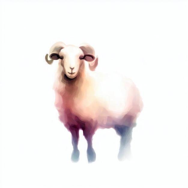 Een schilderij van een schaap met horens en een rode achtergrond.