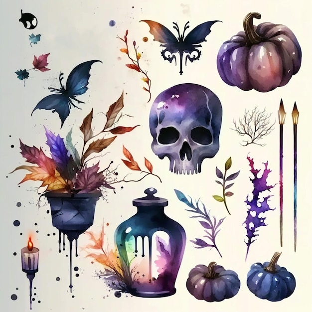 Een schilderij van een schedel, een pompoen, een kaars, een kaars, een kaars, een kaars, een vaas en een vlinder.