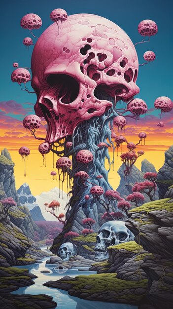een schilderij van een schedel en botten met een roze achtergrond