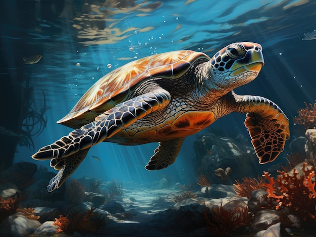 Een schilderij van een schildpad die in de oceaan zwemt Generatieve AI