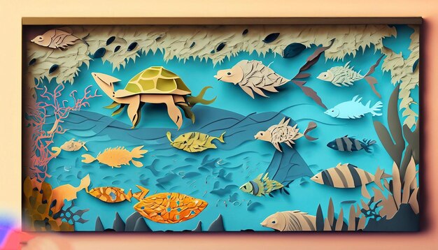Een schilderij van een schildpad en vissen in het water