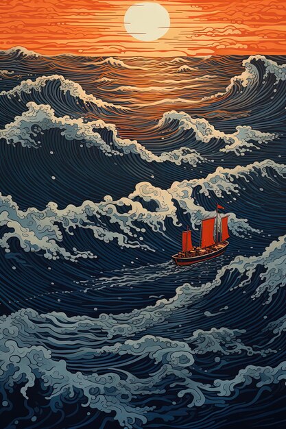 Foto een schilderij van een schip in de oceaan door een persoon