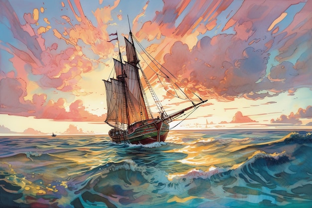 Een schilderij van een schip in de oceaan met daarachter de ondergaande zon.
