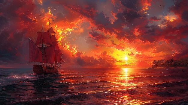 een schilderij van een schip in de oceaan met een zonsondergang achtergrond