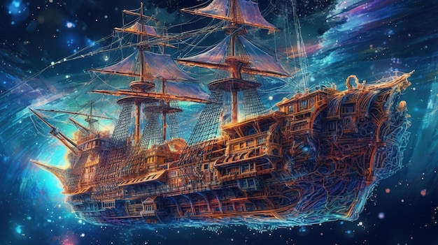 Een schilderij van een schip in de oceaan