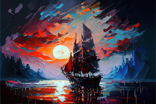 Een schilderij van een schip in de zee met de zon erachter