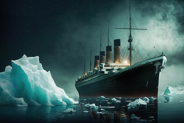 Een schilderij van een schip in het water met de woorden titanic op de bodem.