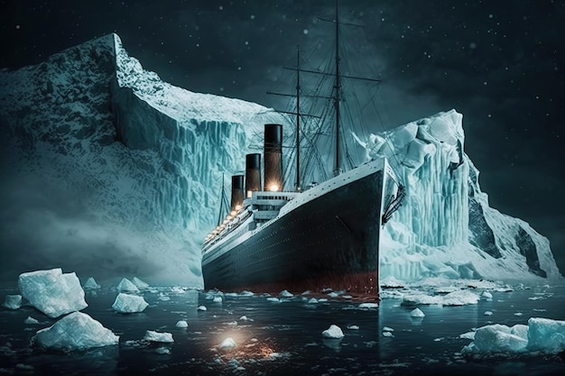 Een schilderij van een schip in het water met ijsbergen op de achtergrond.