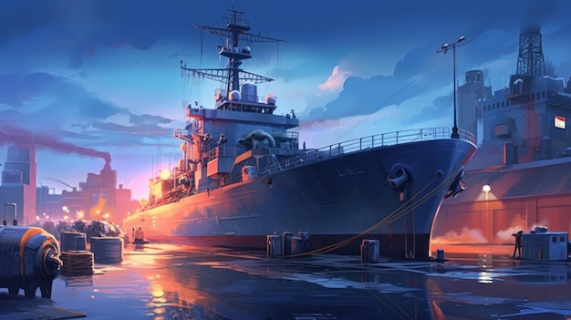 Een schilderij van een schip met de naam van het schip.