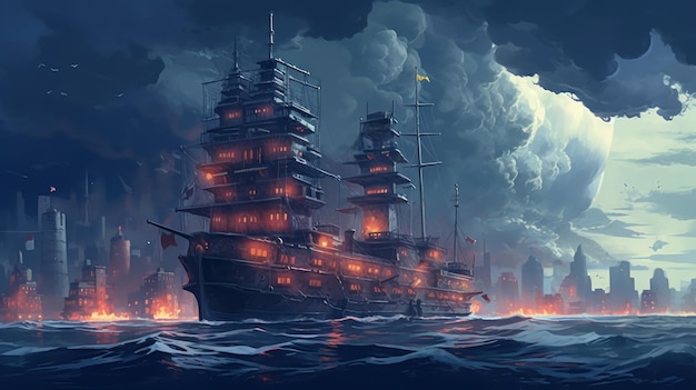 Een schilderij van een schip met een vlag aan de voorkant.