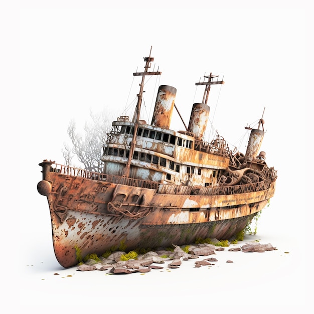 Een schilderij van een schip met verroeste onderdelen op een witte geïsoleerde achtergrond