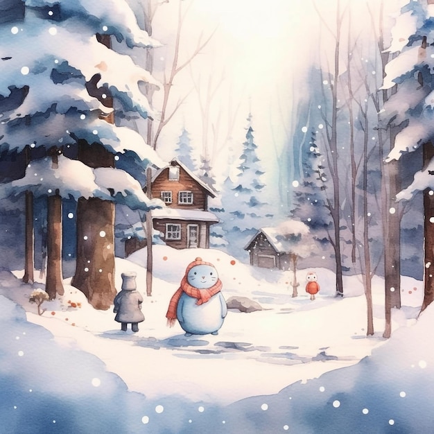 Een schilderij van een sneeuwtafereel met een sneeuwpop en een huis op de achtergrond.