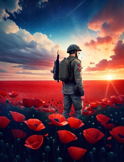 Foto een schilderij van een soldaat die in een veld met klaprozen staat met op de achtergrond een wapperende amerikaanse vlag