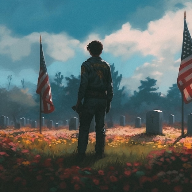Een schilderij van een soldaat die in een veld staat met een Amerikaanse vlag erop.