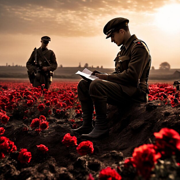 Foto een schilderij van een soldaat die in een veld van papaver staat met op de achtergrond een zwaaiende amerikaanse vlag