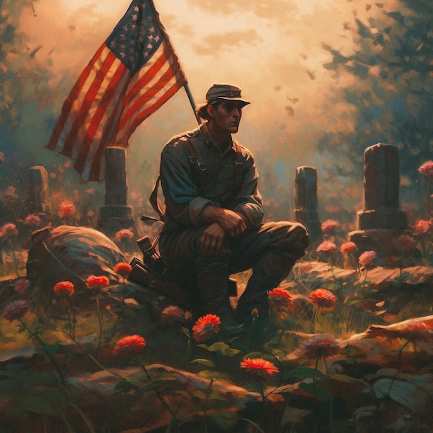 Een schilderij van een soldaat die op een begraafplaats staat Herdenkingsdag