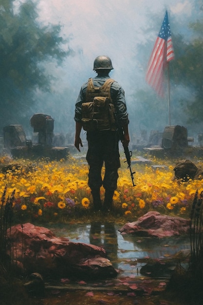 Een schilderij van een soldaat in een bloemenveld