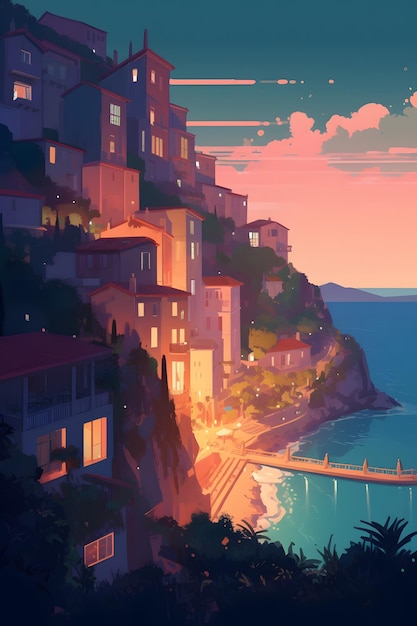 Een schilderij van een stad aan zee