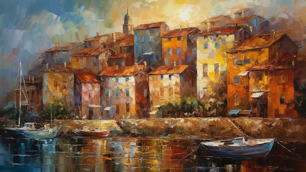 Een schilderij van een stad aan zee
